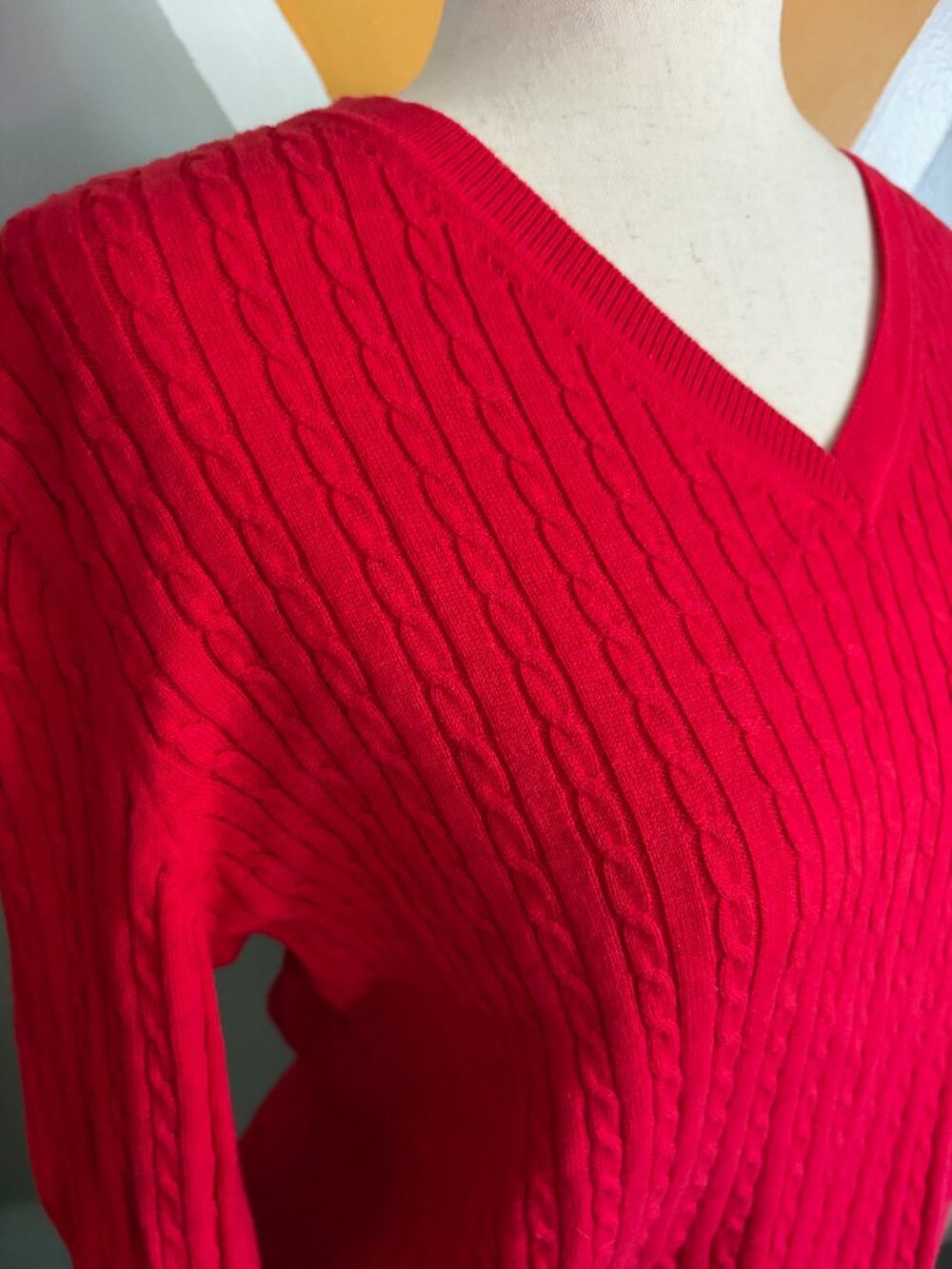 Tommy Hilfiger Red Cable Knit Sweater V Neck Cotton Size L